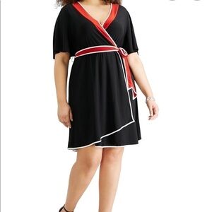 𝅺NY COLLECTION Black Red White Faux Wrap Belted Knit Dress 2X NEW